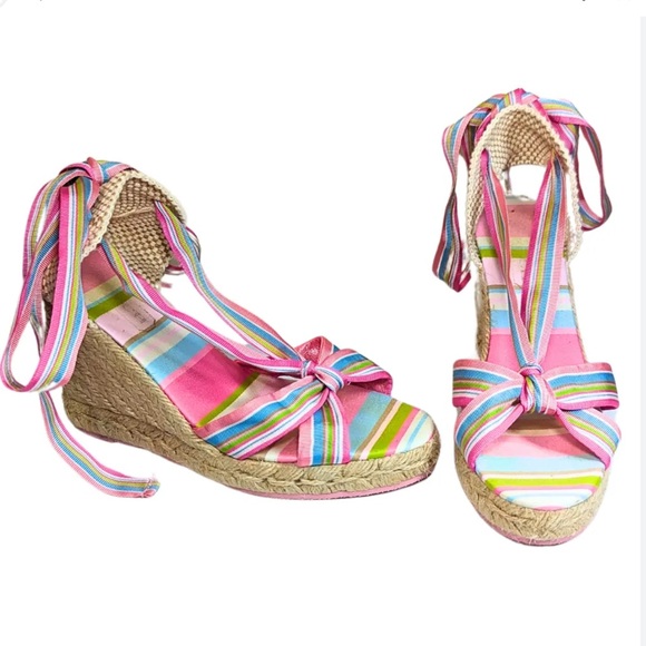 Coach Maresse Pink Espadrille Wedge Open Toe Raffia Stripe Ribbon Sandals Size 7 - Picture 1 of 7